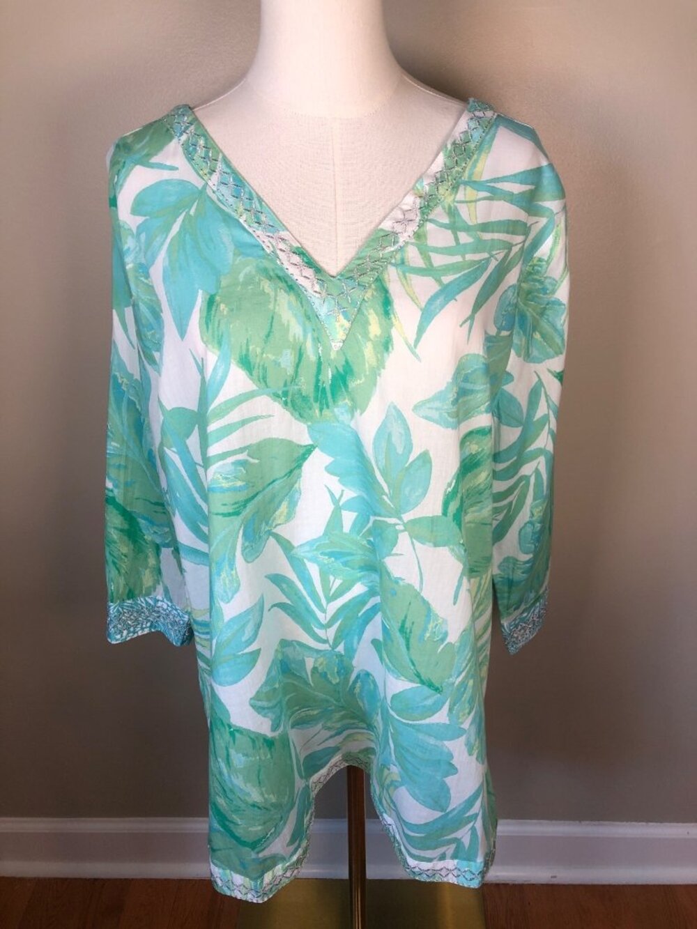 Christian Siriano Tropical Green & White Cover Up Tunic Size L Beach Bohemian
